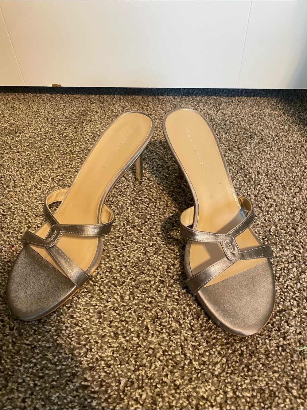 Stuart Weitzman Metallic Taupe Strappy Mule Heels